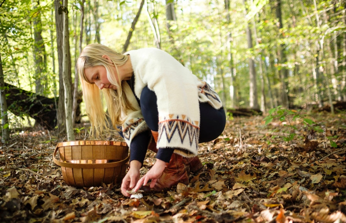 Woman foraging in the woods with a basket